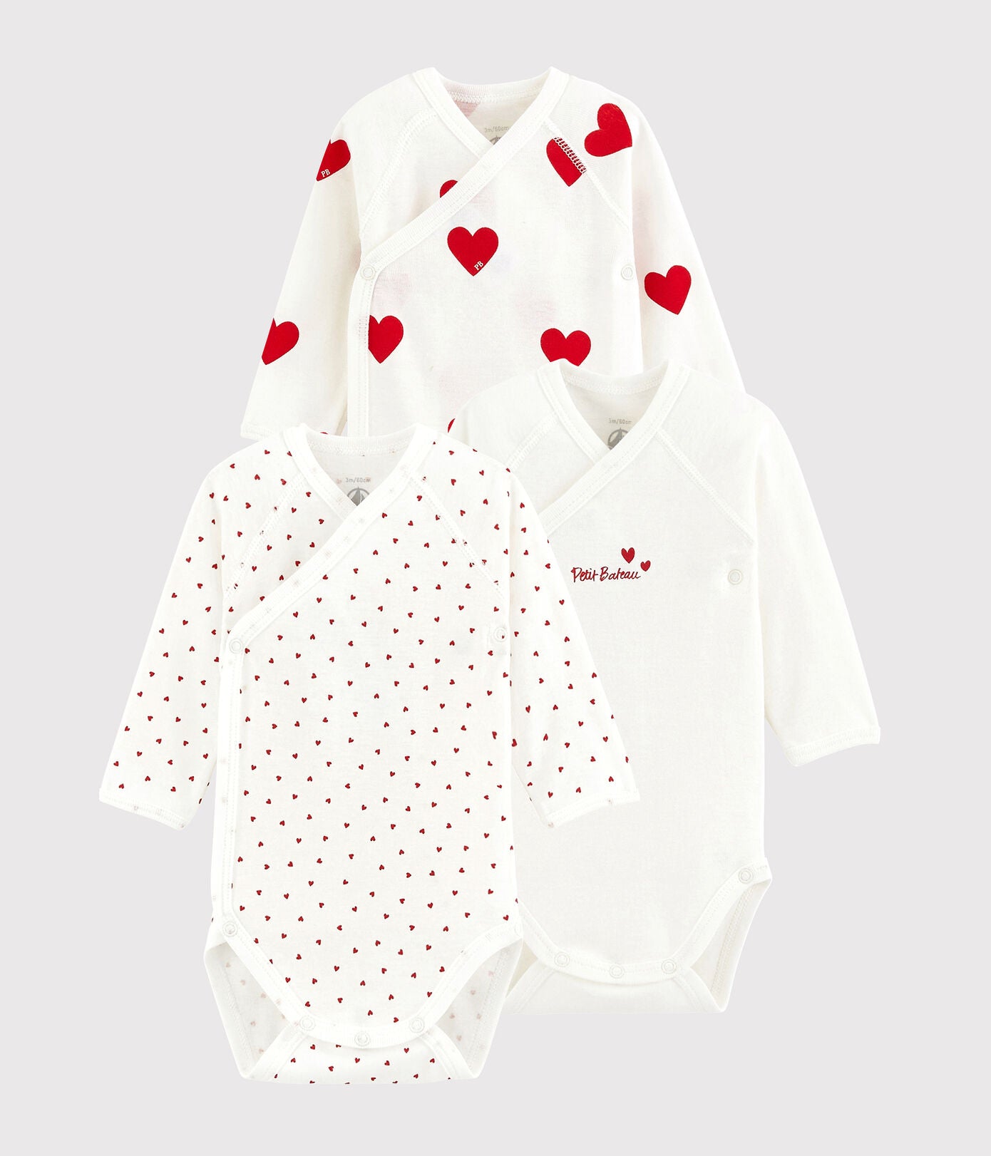Body, 3er-Set, Baumwollrippstrick, Petit Bateau Qualität, Überkreuzte Öffnung, Druckknöpfe vorne, Druckknöpfe im Schritt, Baumwolle, umweltschonend, GVO-frei, pestizidfrei, biologischer Anbau, Qualitätssiegel, standard 100 by OEKO-TEX, CQ 746/3, IFTH zertifiziert, optimale Hautverträglichkeit, Waschtemperaturen, 40 °C, nicht bleichen, nicht im Tumbler trocknen, nicht heiß bügeln, Vorsicht beim Bügeln mit Dampf, nicht chemisch reinigen, ACHTUNG, Petit Bateau Bodies, klein ausfallend.