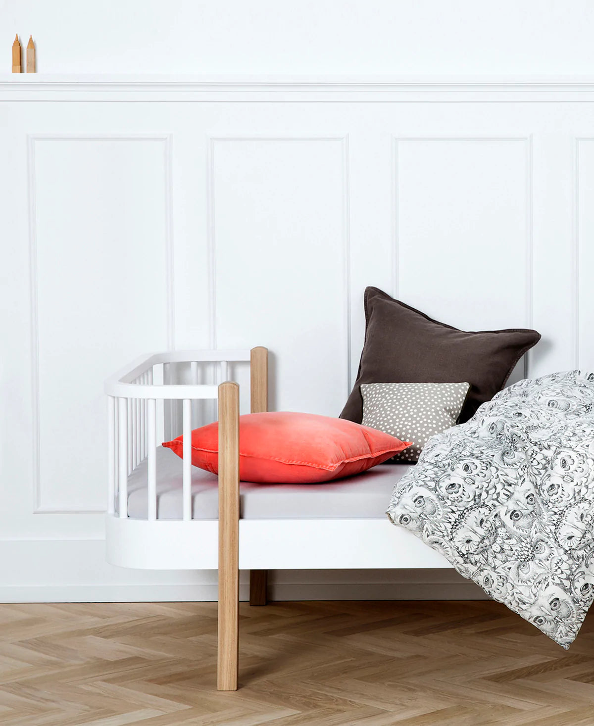 Original Einzelbett, 90x200 cm, weiß/Eiche