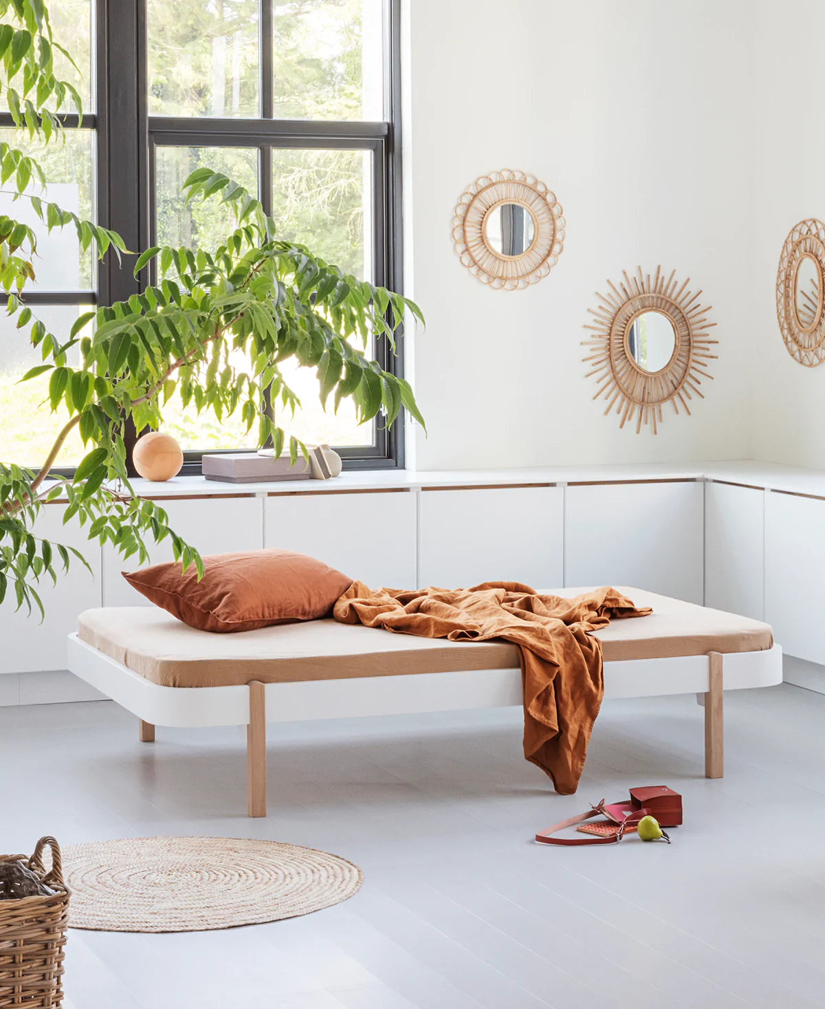 Lounger Bett, 90x200 cm, weiß/Eiche