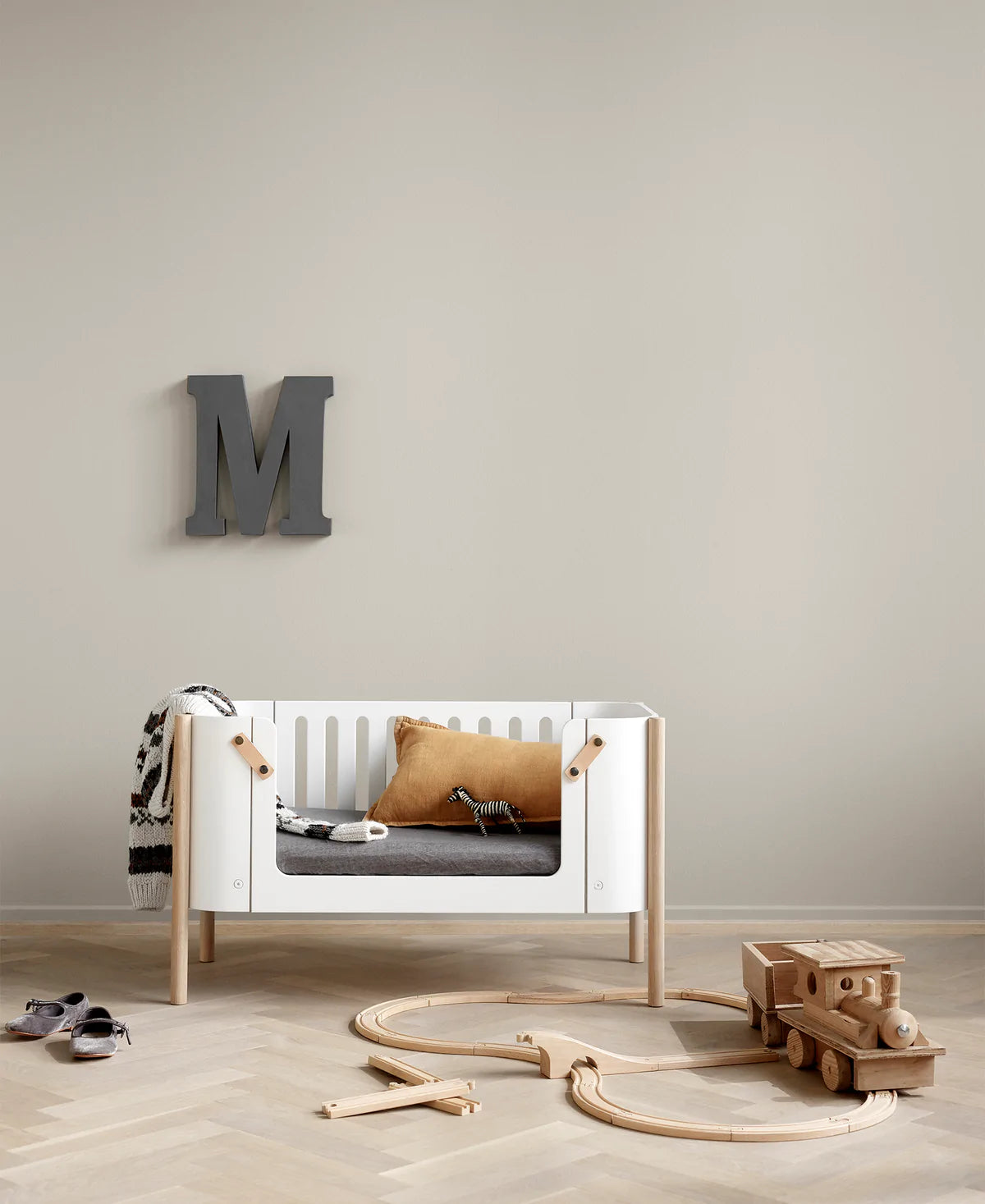 Beistellbett inkl. Umbauset zur Bank, 42x82, weiß/Eiche