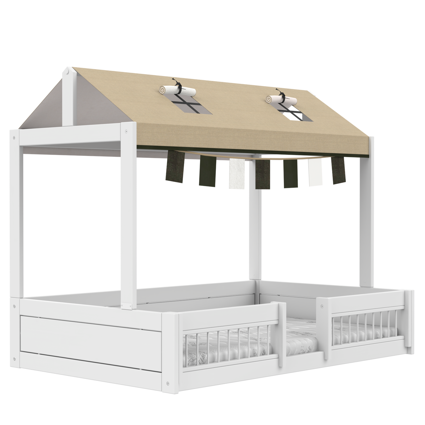 Lifetime Montessori Bett Premium 120 cm mit Dachkonstruktion/Himmel/Rausfallschutz