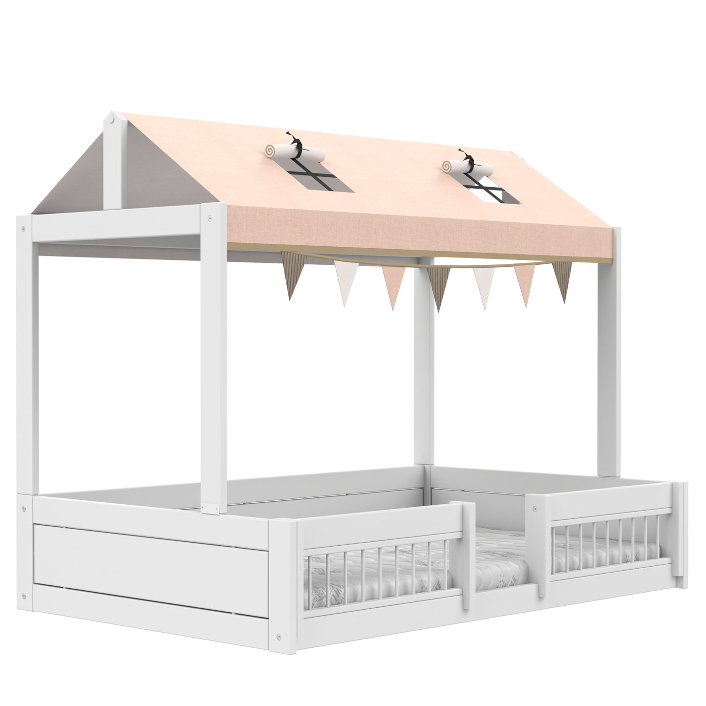 Lifetime Montessori Bett Premium 120 cm mit Dachkonstruktion/Himmel/Rausfallschutz