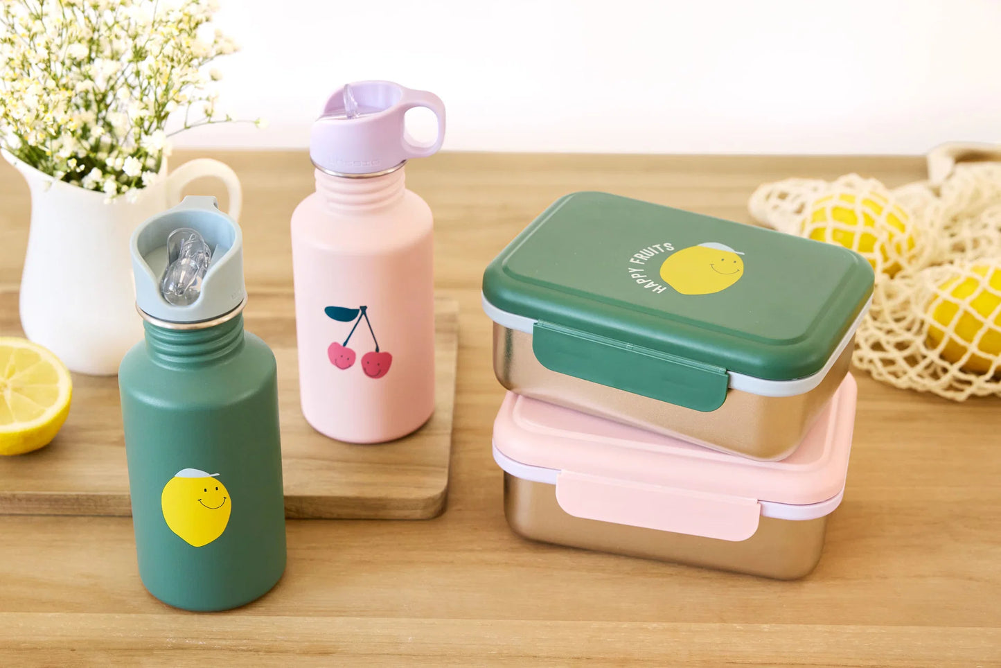 Brotdose Kinder - Edelstahl Lunchbox, Happy Fruits Zitrone